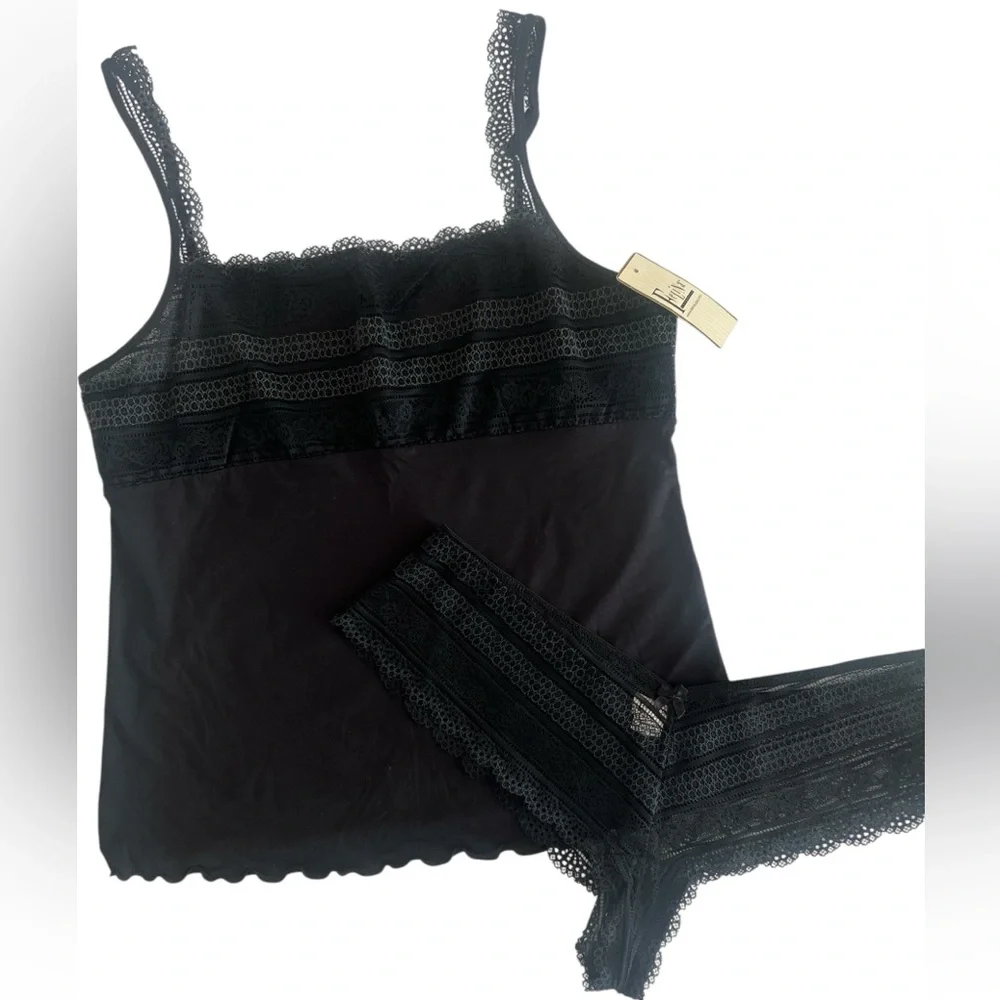 Felina Black And Dark Green Camisole and Lace Cheeky Panties Set Size Large New